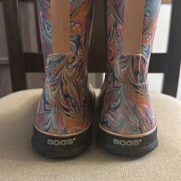 Bogs Kids Girls Pull On Handle Rain Boots Marble Peach Orange Size 3